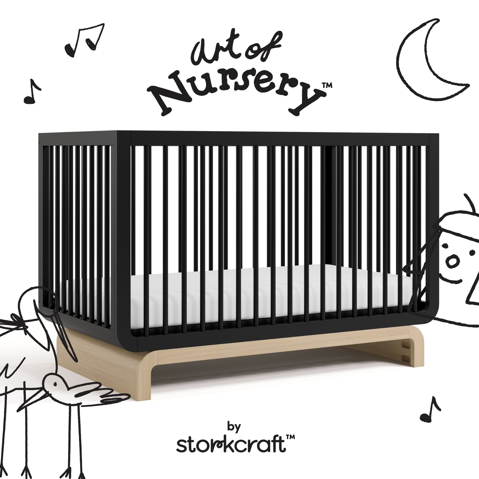 Santorini black with driftwood crib with black doodles overlaid on image