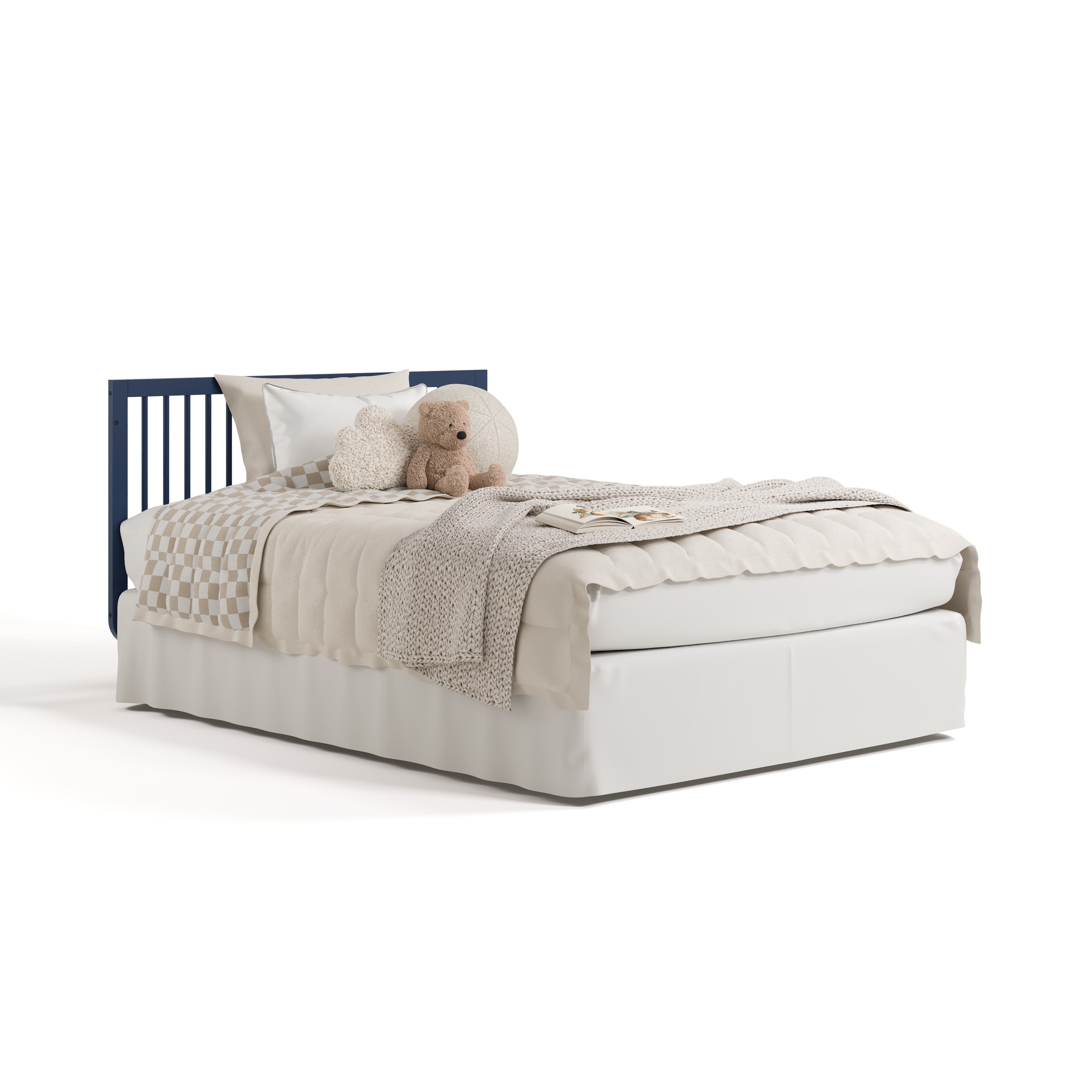 Santorini midnight blue with driftwood crib converted to full bed