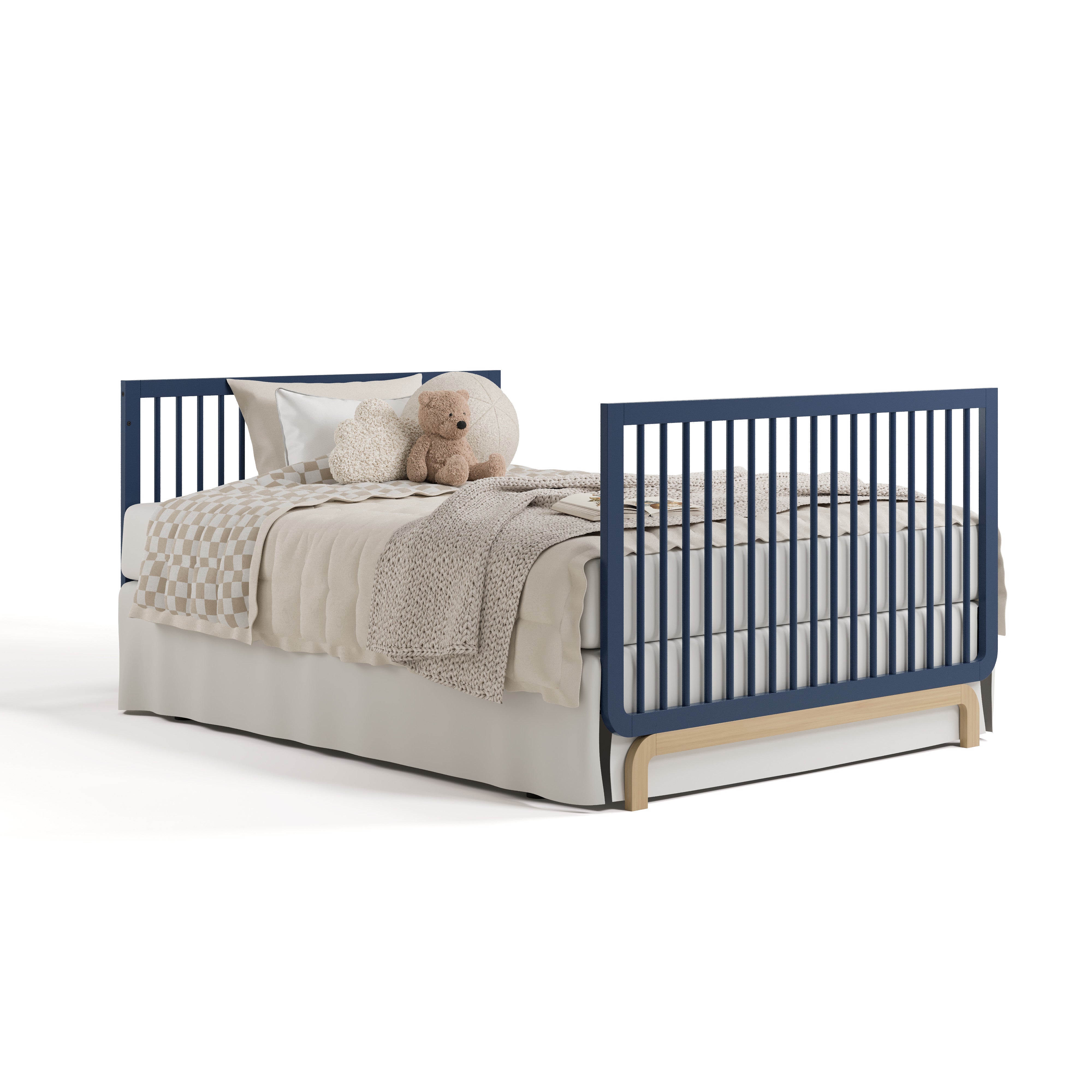 Santorini midnight blue with driftwood crib converted to full bed with footboard