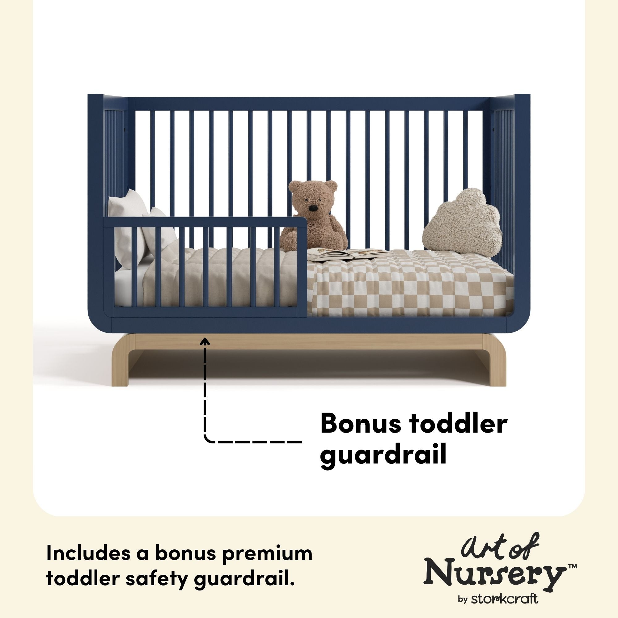 Santorini midnight blue with driftwood crib toddler guardrail callout