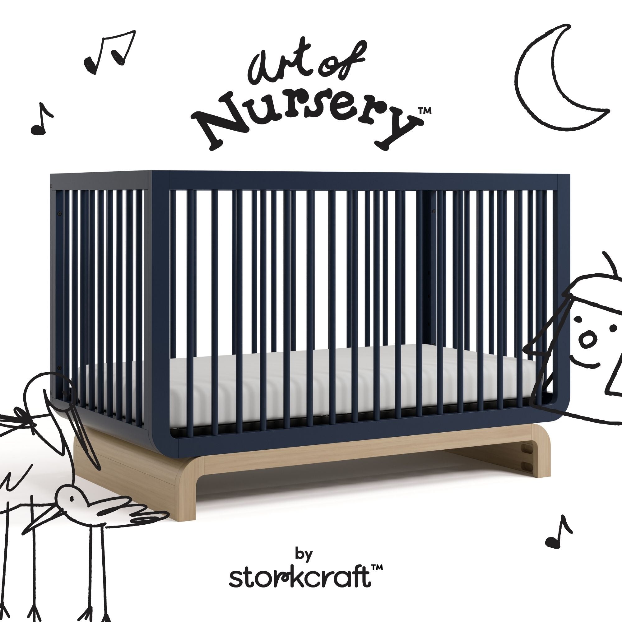 Santorini midnight blue with driftwood crib with black doodles overlaid on image
