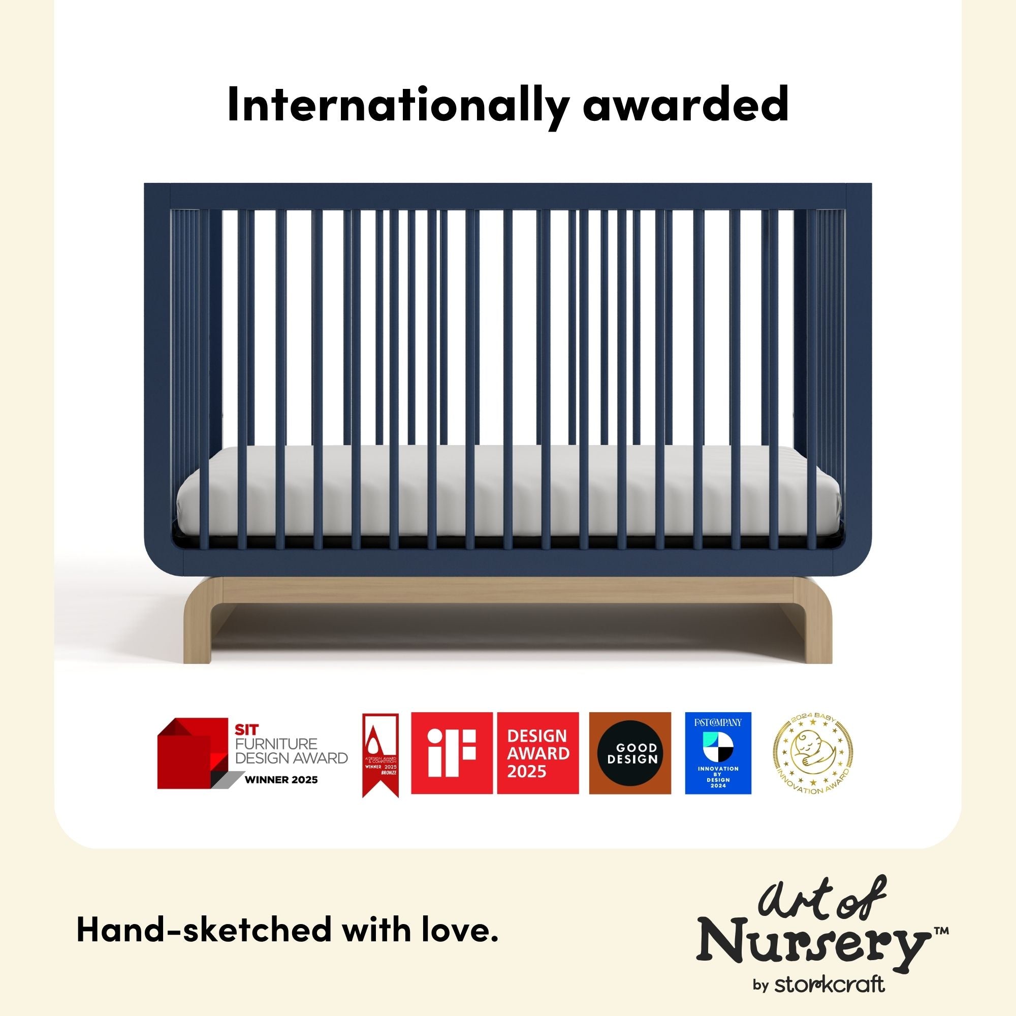 Santorini midnight blue with driftwood crib awards callout