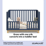 santos midnight blue with natural crib toddler bed callout
