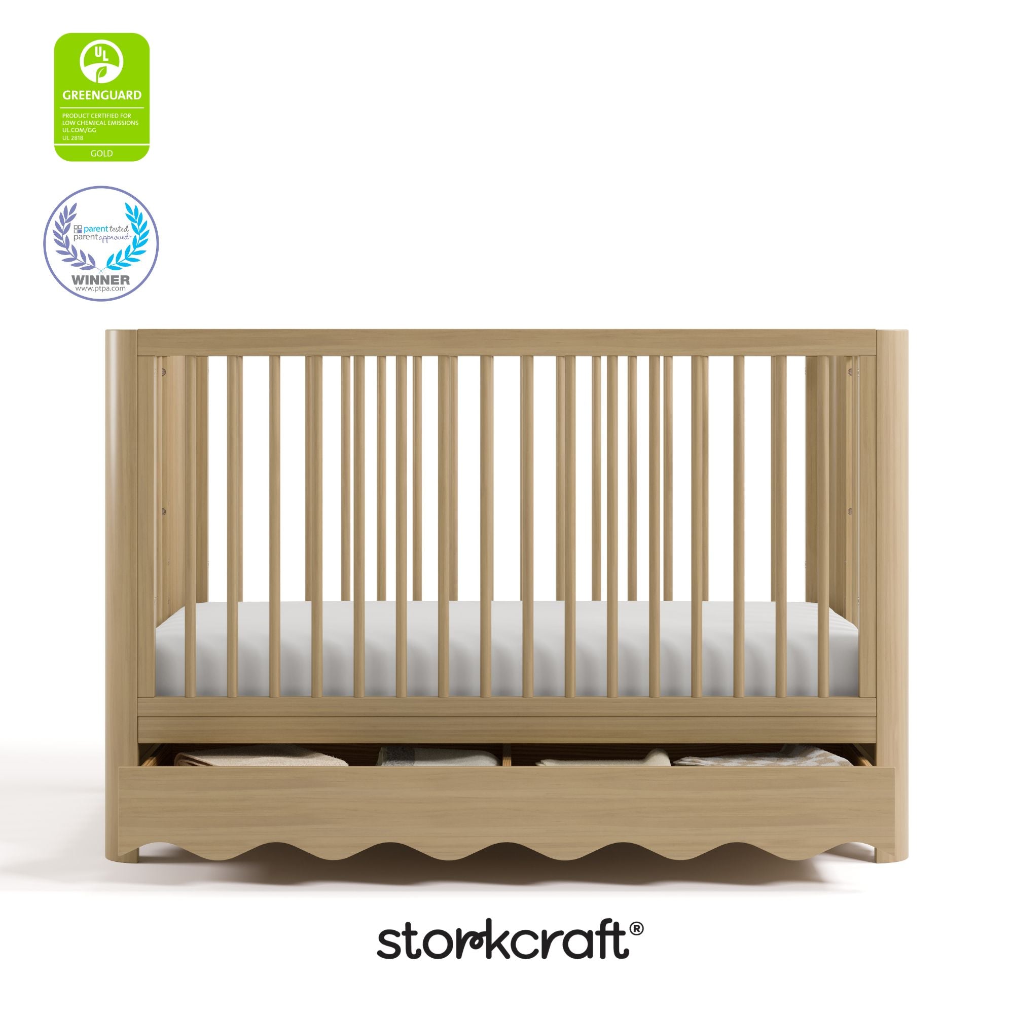 Casablanca driftwood crib front view with GREENGUARD Gold ad PTPA logos on top left