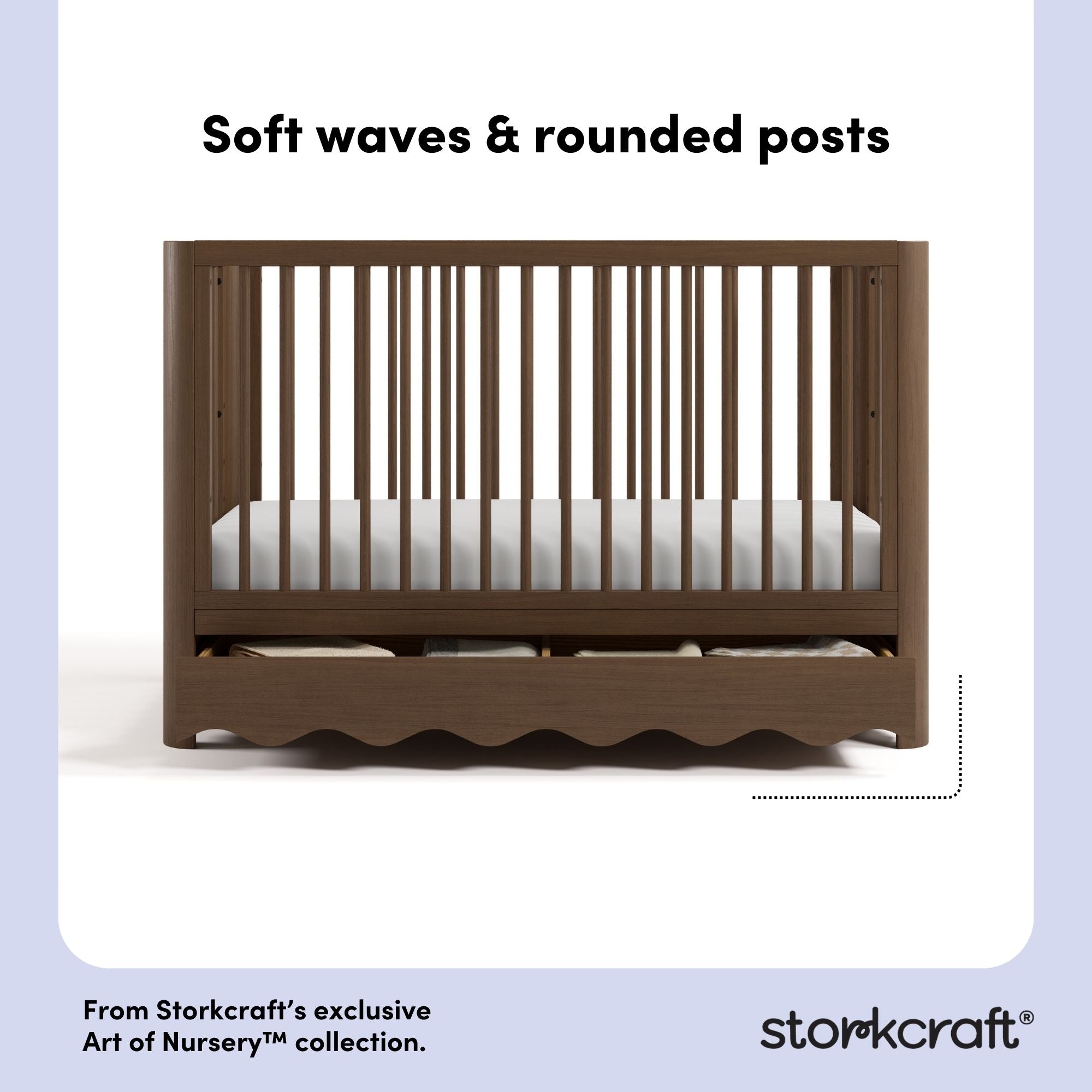 Casablanca hazelnut crib front view showing soft waves and rounded posts callout image