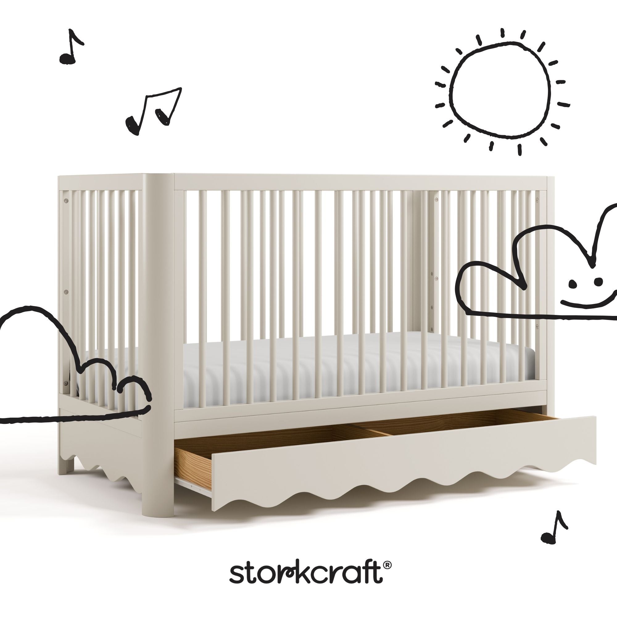 Casablanca frosted oat crib angle view with drawer open and black cartoon drawings overlaid on image