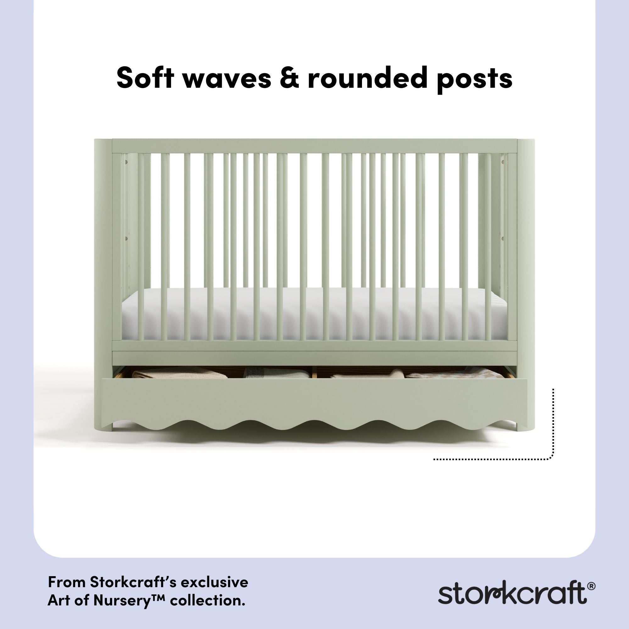 Casablanca sage crib front view showing soft waves and rounded posts callout image