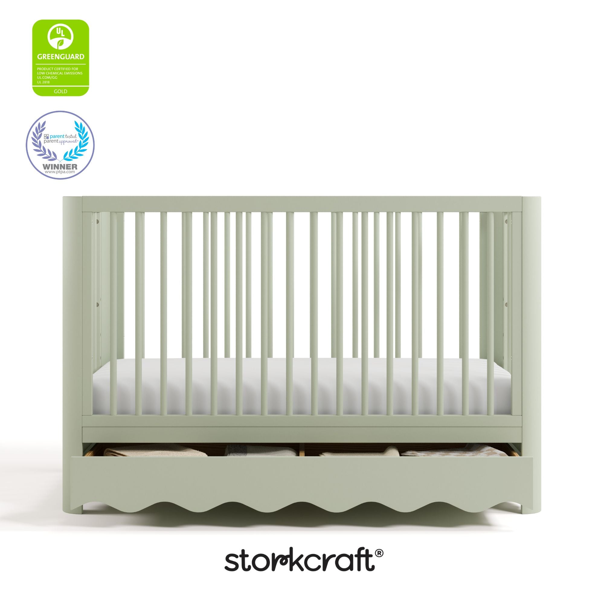 Casablanca sage crib front view with GREENGUARD Gold ad PTPA logos on top left