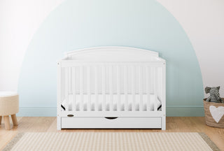 Convertible white crib in a nursery