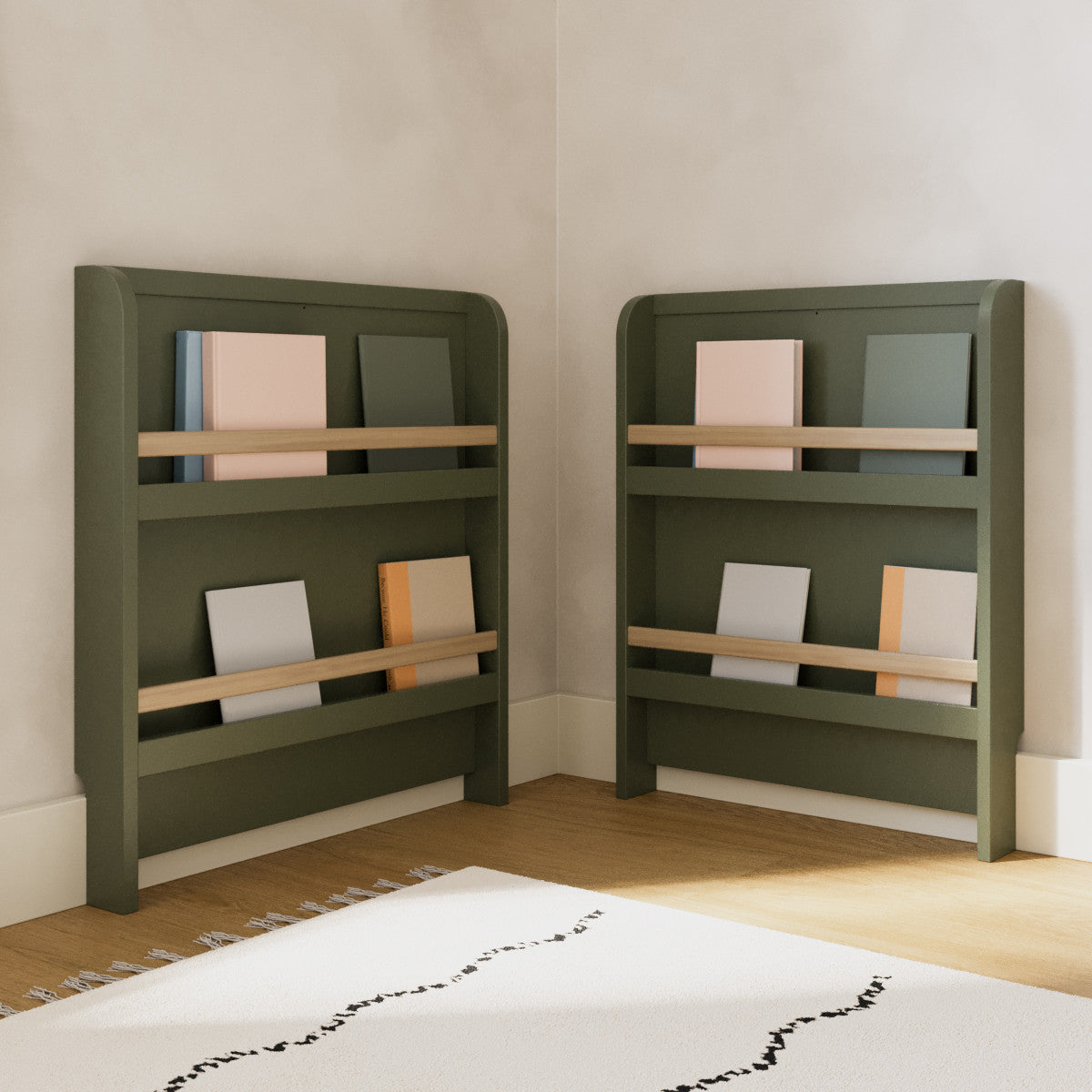 Two bookshelves with books in nursery  (Olive with Driftwood)