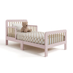 Pasadena blush with driftwood toddler bed with bedding and teddy bear angle view