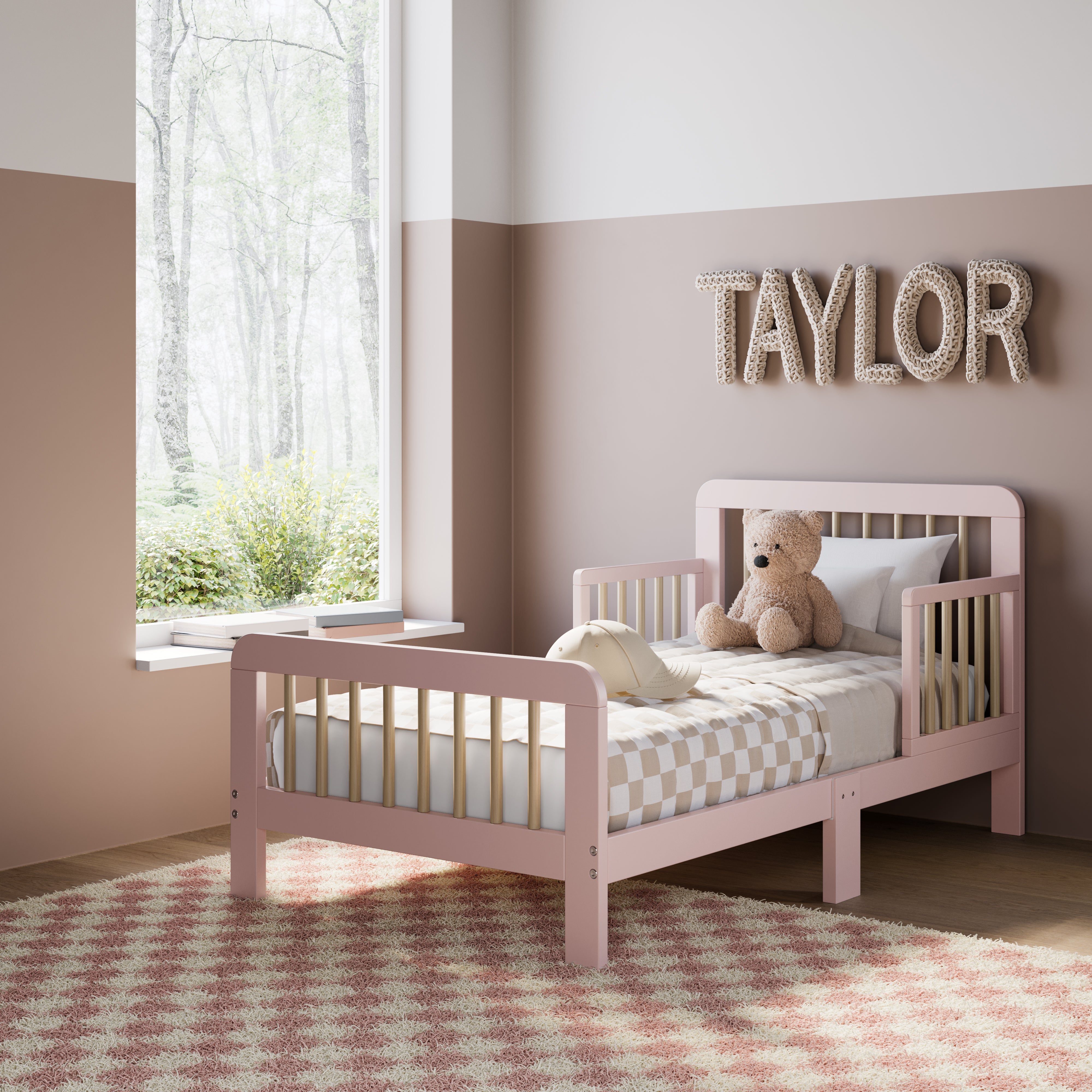Pasadena blush with driftwood toddler bed in kids room