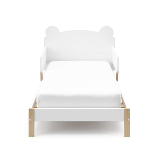 front view of white with driftwood toddler bed