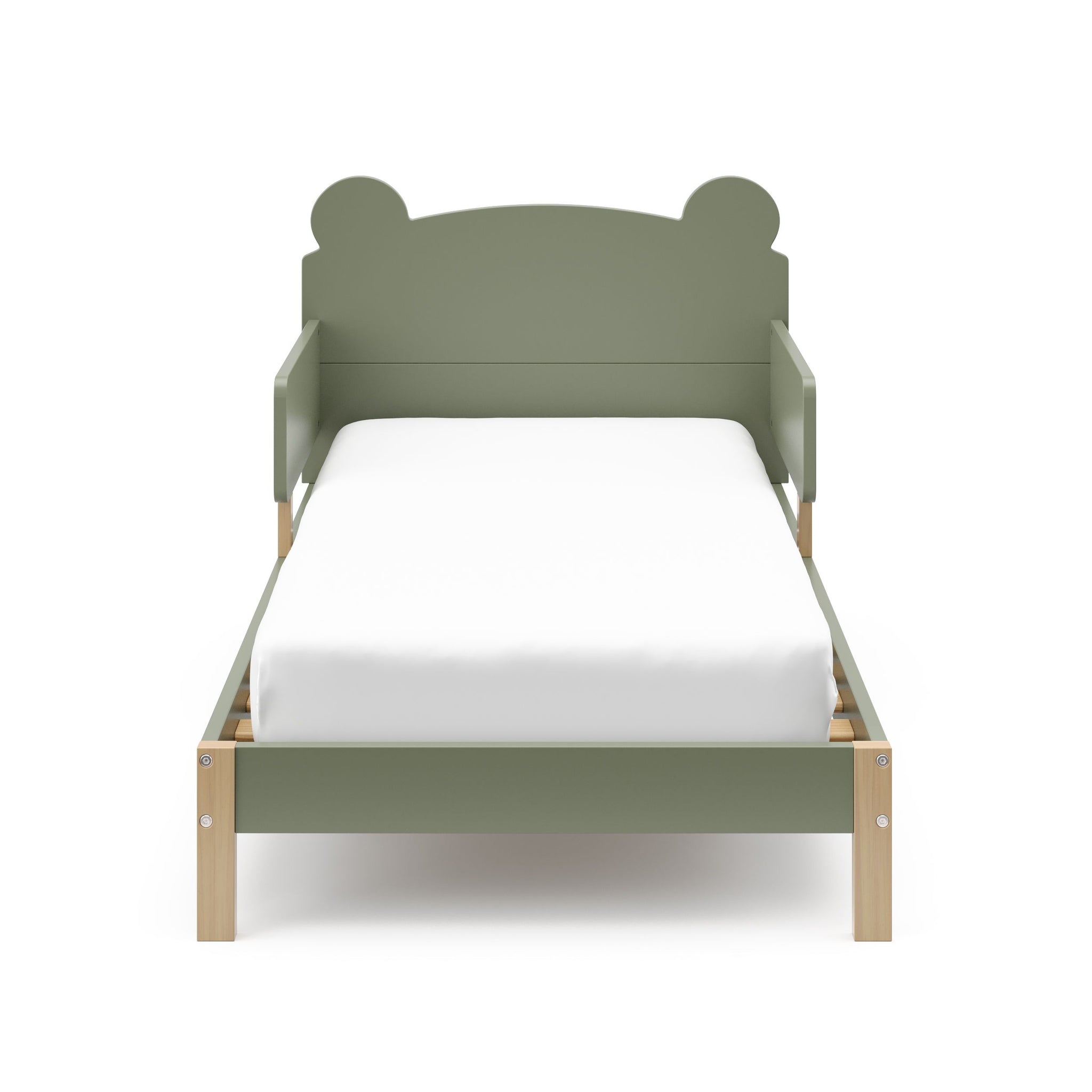 Front view of a olive-colored toddler bed