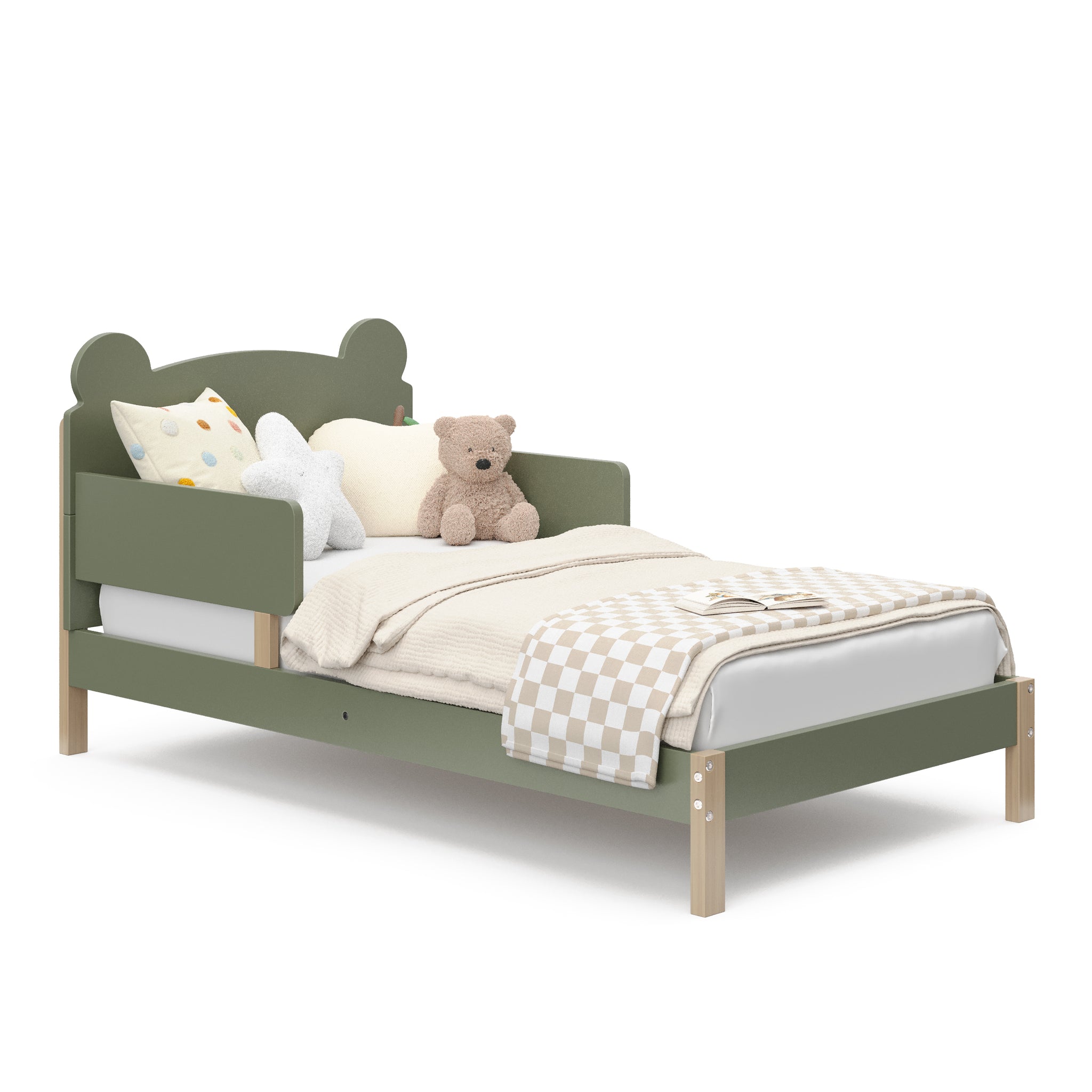 Angled view of a olive-colored toddler bed