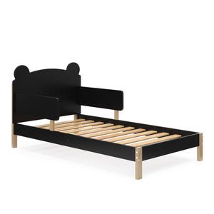 Angled view of a black-colored toddler bed