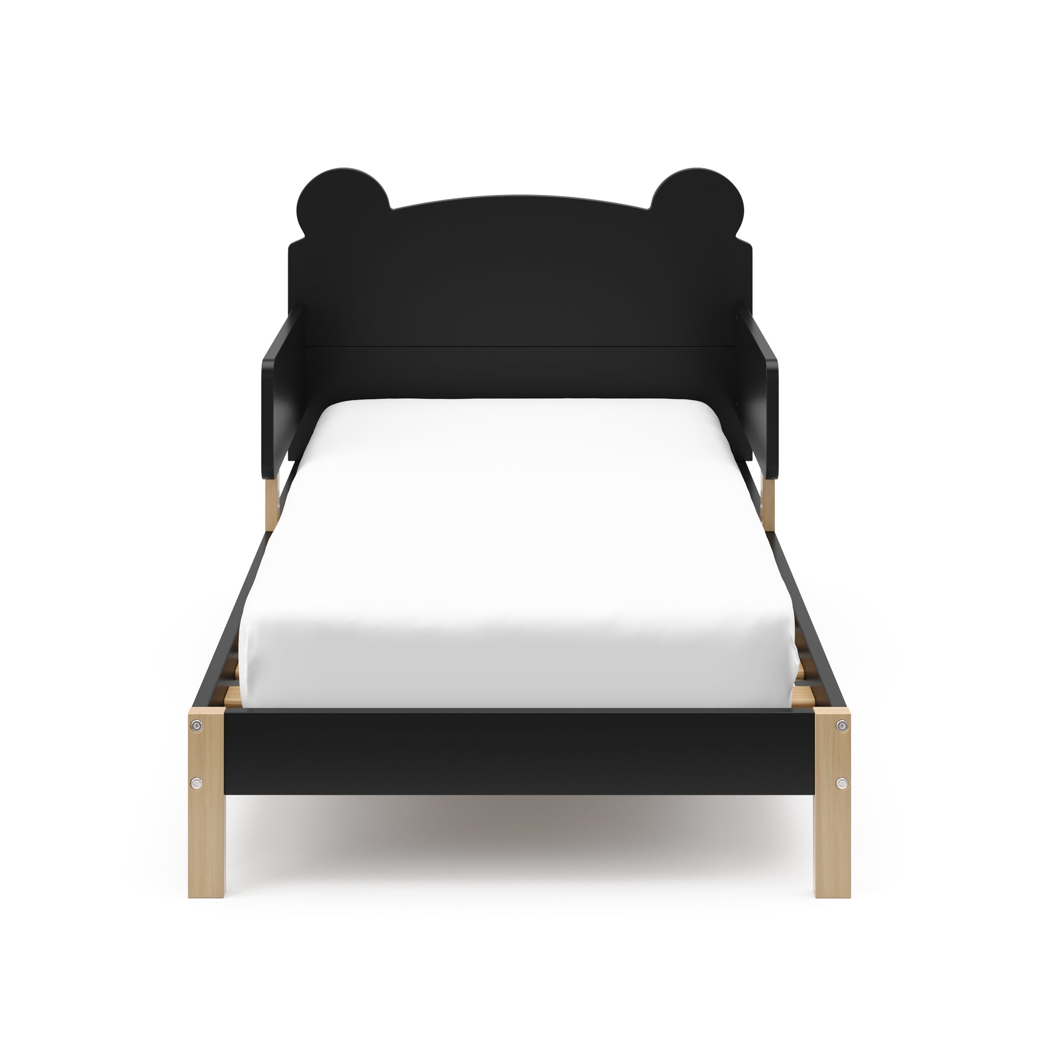 Front view of a black-colored toddler bed with teddy bear ears shape
