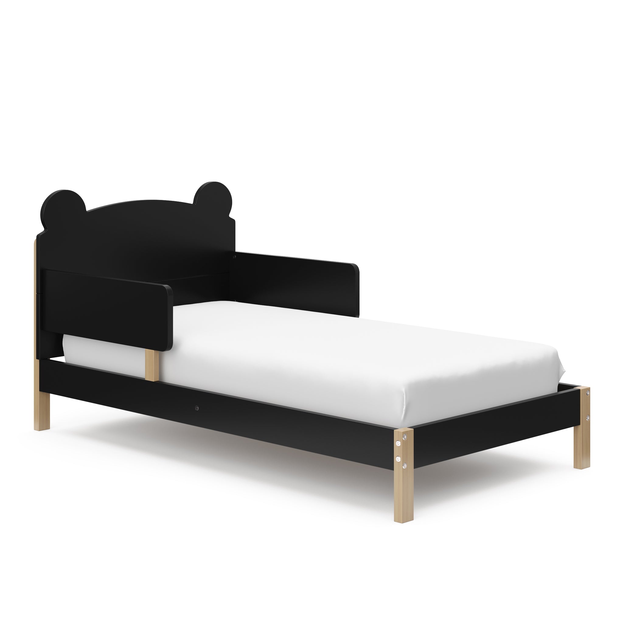 Angled view of a black-colored toddler bed