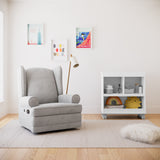 serenity glider in steel and modern convertible changing table in white with pebble gray in nursery