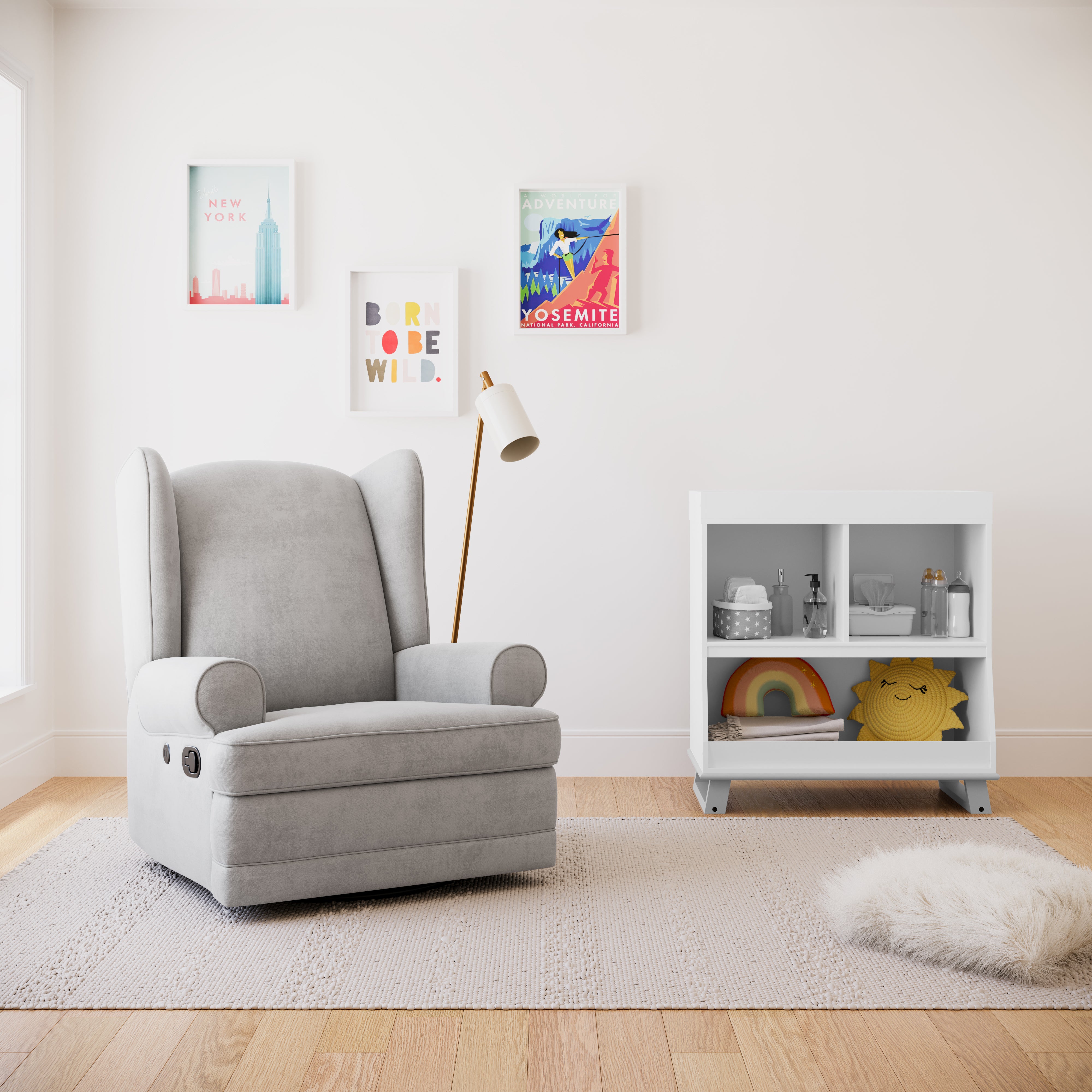serenity glider in steel and modern convertible changing table in white with pebble gray in nursery