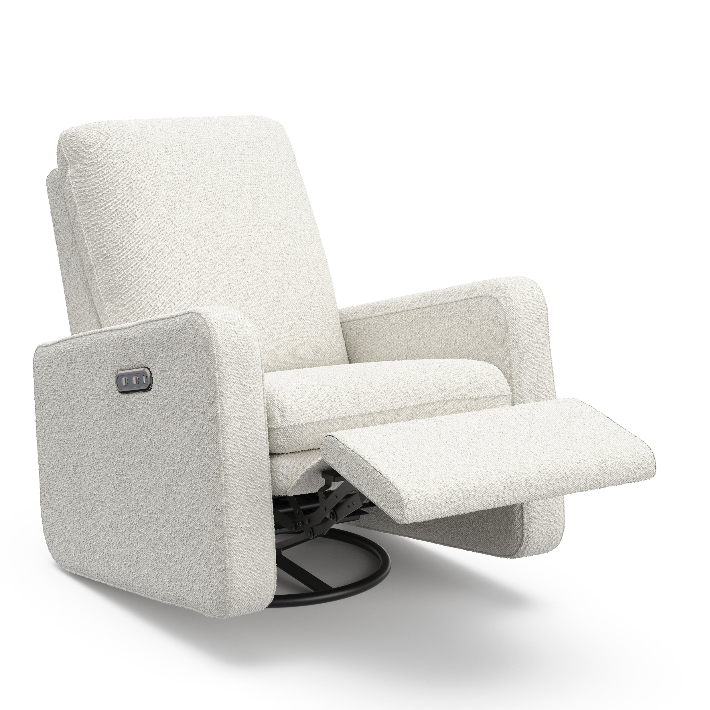 Teddi ivory boucle recliner with leg rest up angle view