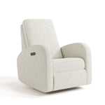 White upholstered armchair with black charging port on side of armrest