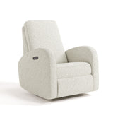 White upholstered armchair with black charging port on side of armrest