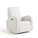 White upholstered armchair with black charging port on side of armrest