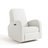 White upholstered armchair with black charging port on side of armrest