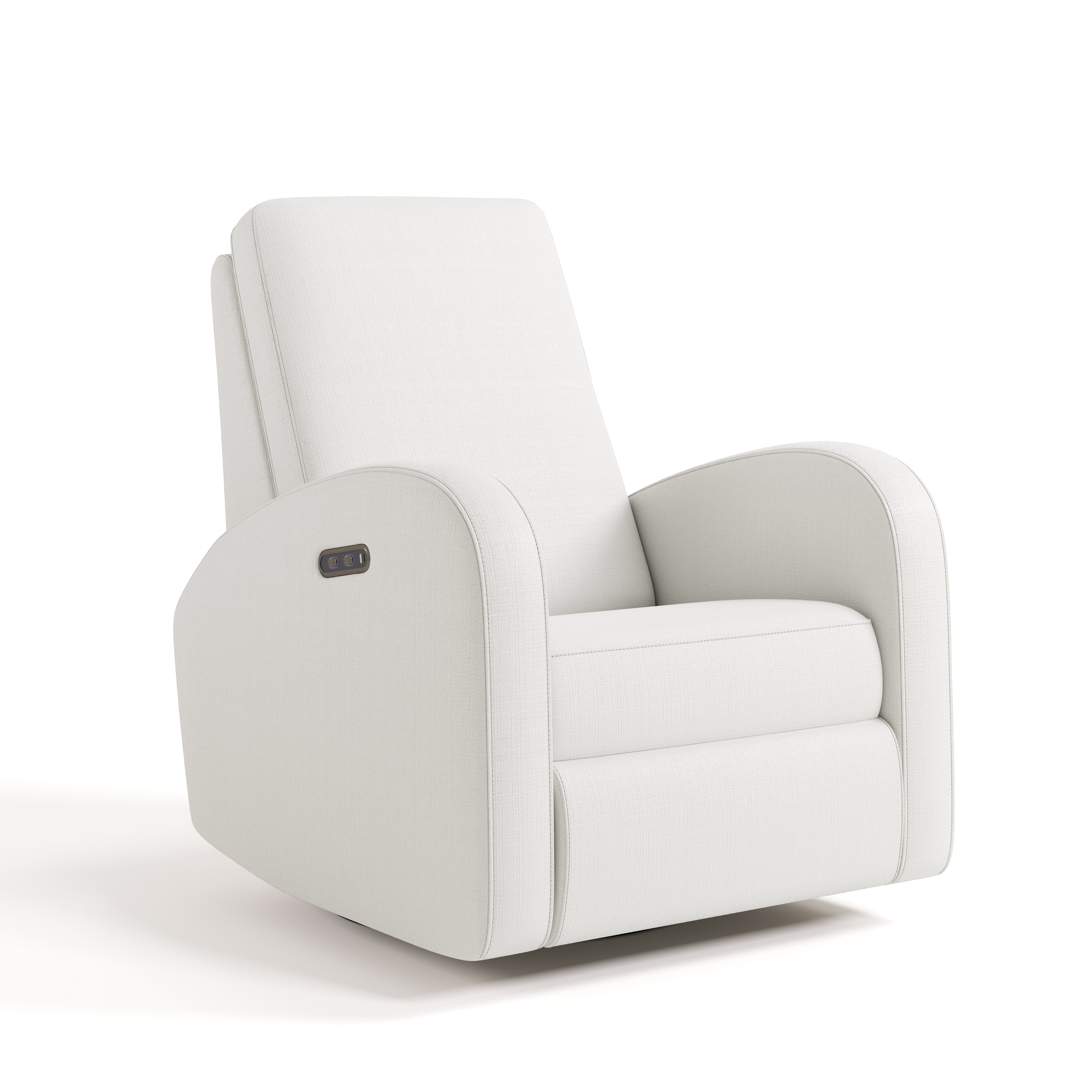 White upholstered armchair with black charging port on side of armrest