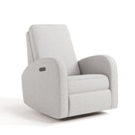 Light gray upholstered armchair with black charging port on side of armrest