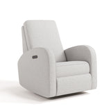 Light gray upholstered armchair with black charging port on side of armrest