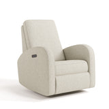 Beige upholstered armchair with black charging port on side of armrest