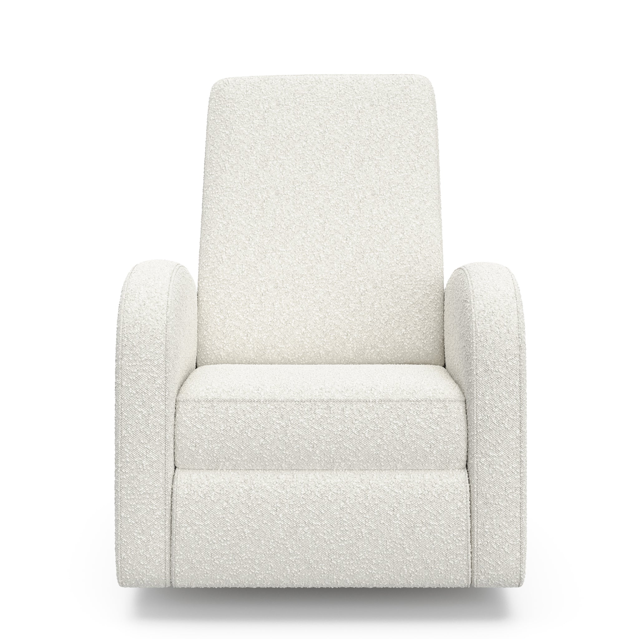 Front view of an ivory boucle reclining glider