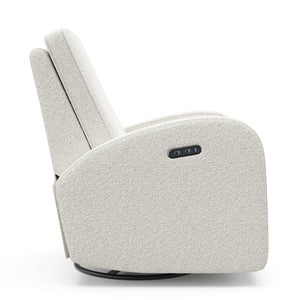 Side view of an ivory boucle reclining glider