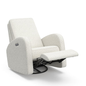 Angled view of an ivory boucle reclining glider in a reclined position.