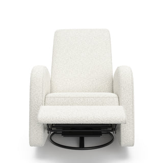 Front view of an ivory boucle reclining glider in a reclined position