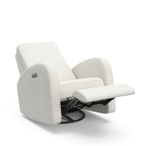 Angled view of an ivory boucle reclining glider in a reclined position