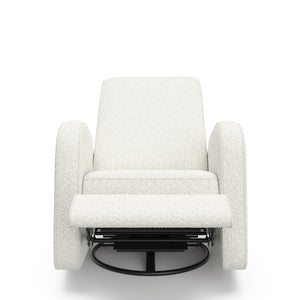 Front view of an ivory boucle reclining glider in a reclined position.