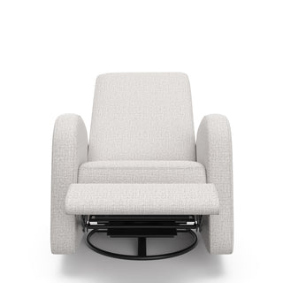 Front  view of an steel basketweave reclining glider in a reclined position