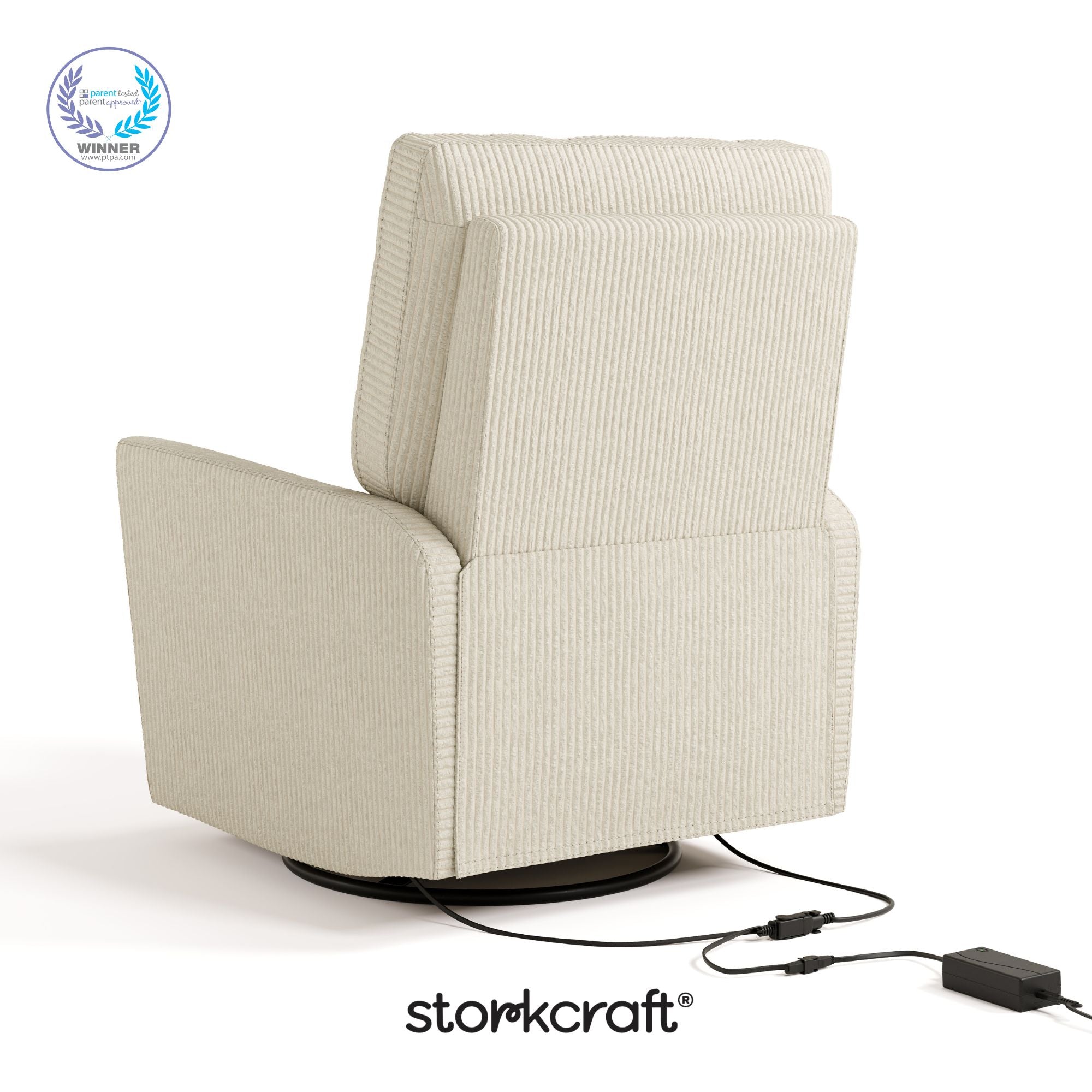 santorini ivory corduroy recliner with PTPA logo on top left