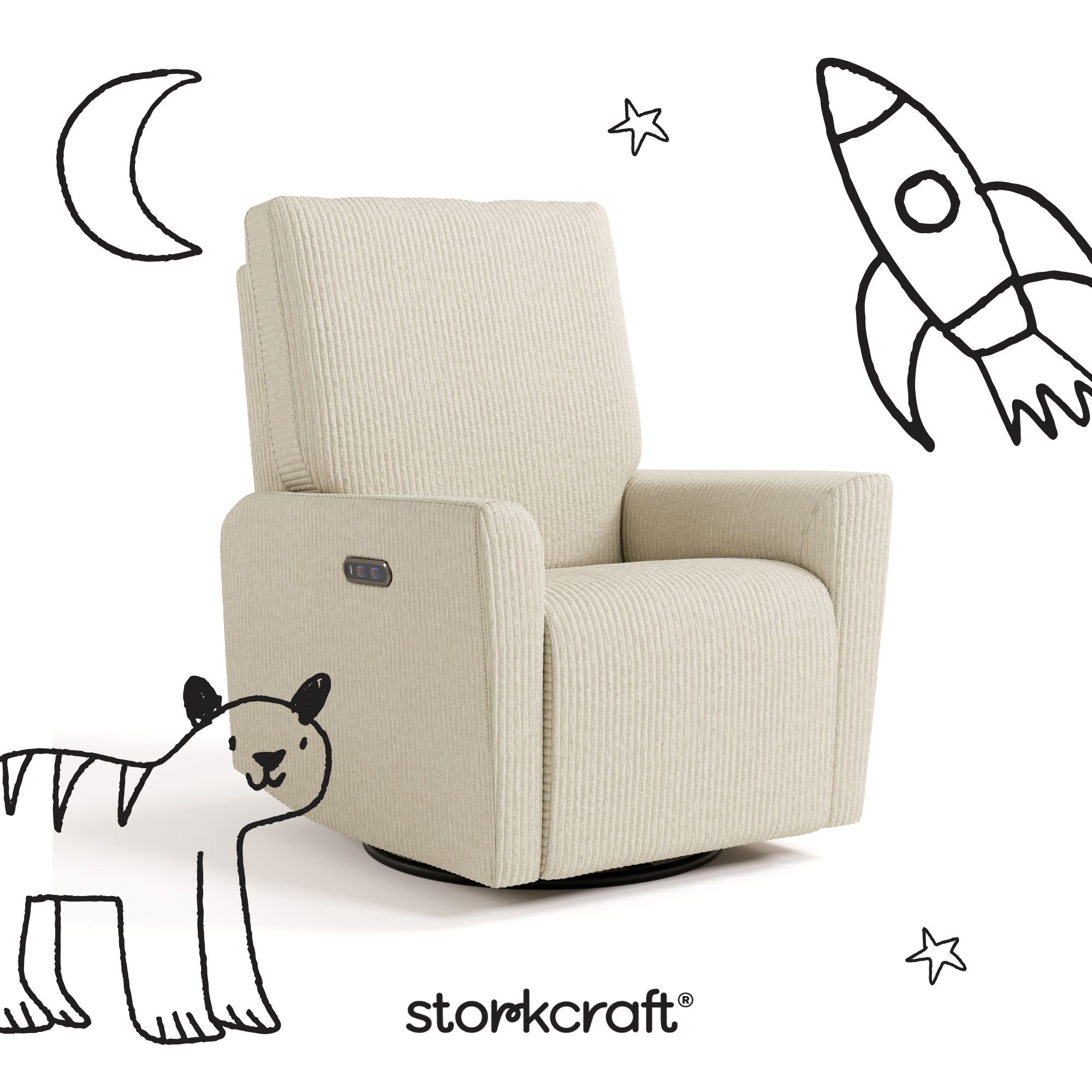 santorini ivory corduroy recliner with black doodles overlaid on image