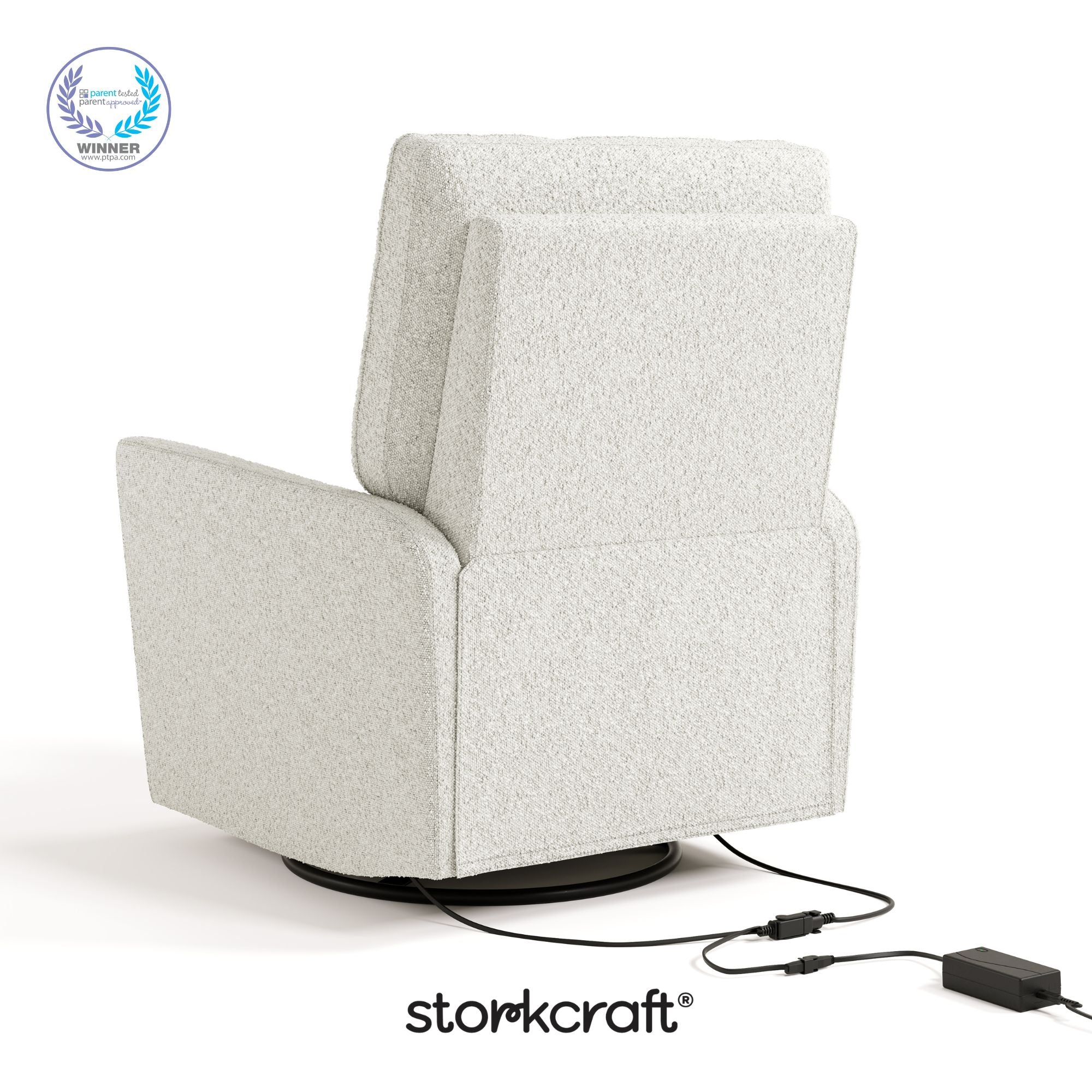 santorini ivory boucle recliner with PTPA logo on top left