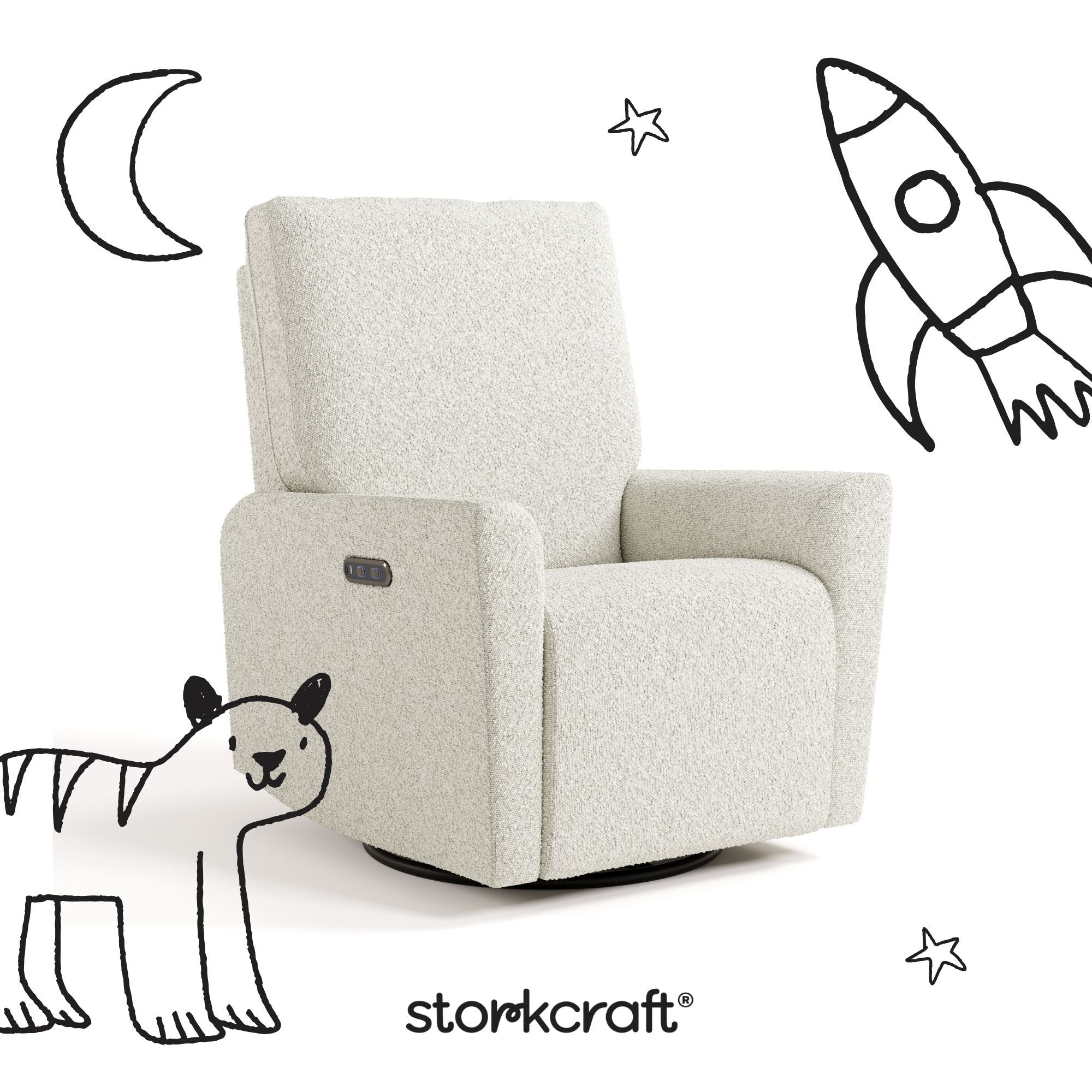 santorini ivory boucle recliner with black doodles overlaid on image