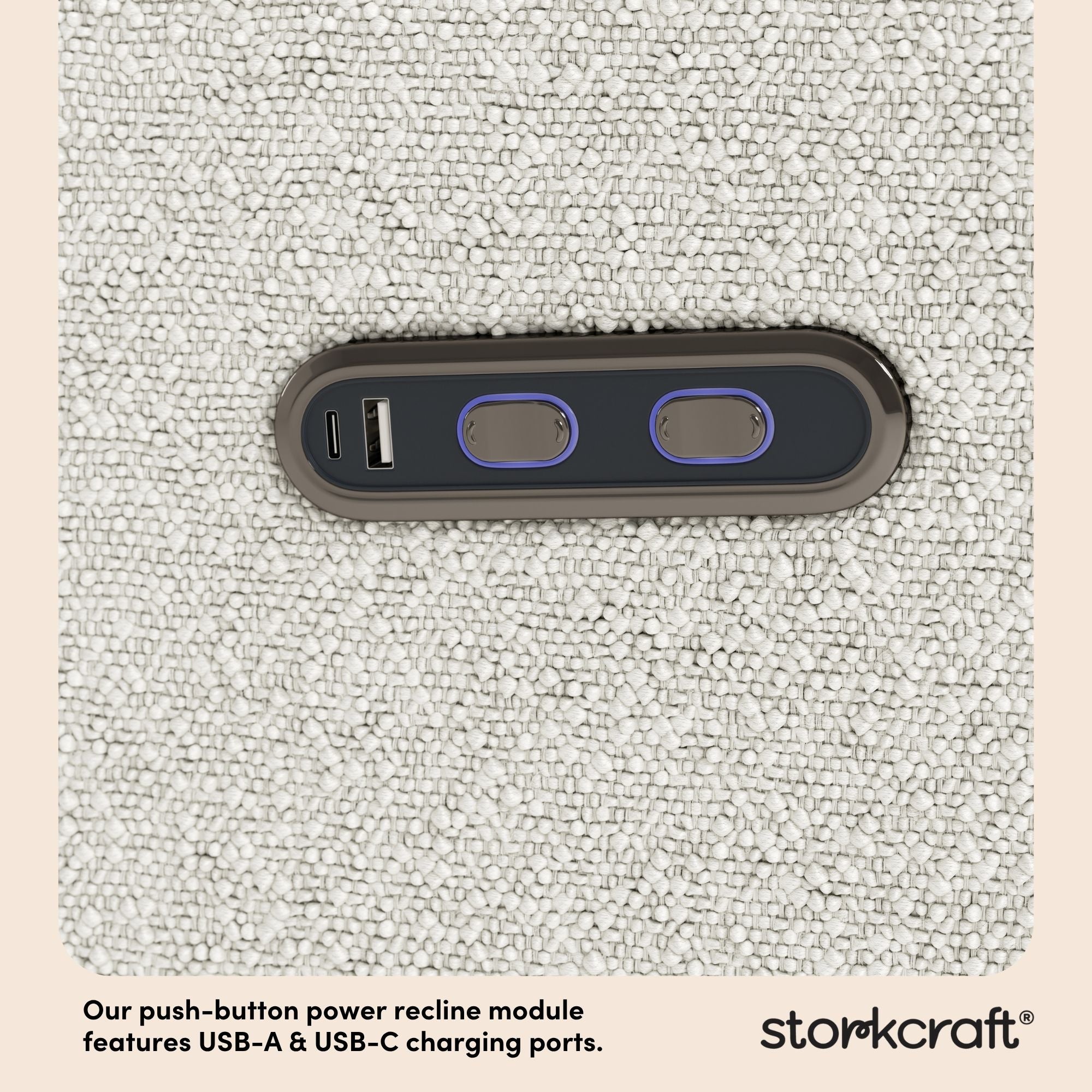 santorini ivory boucle recliner dual USB ports callout