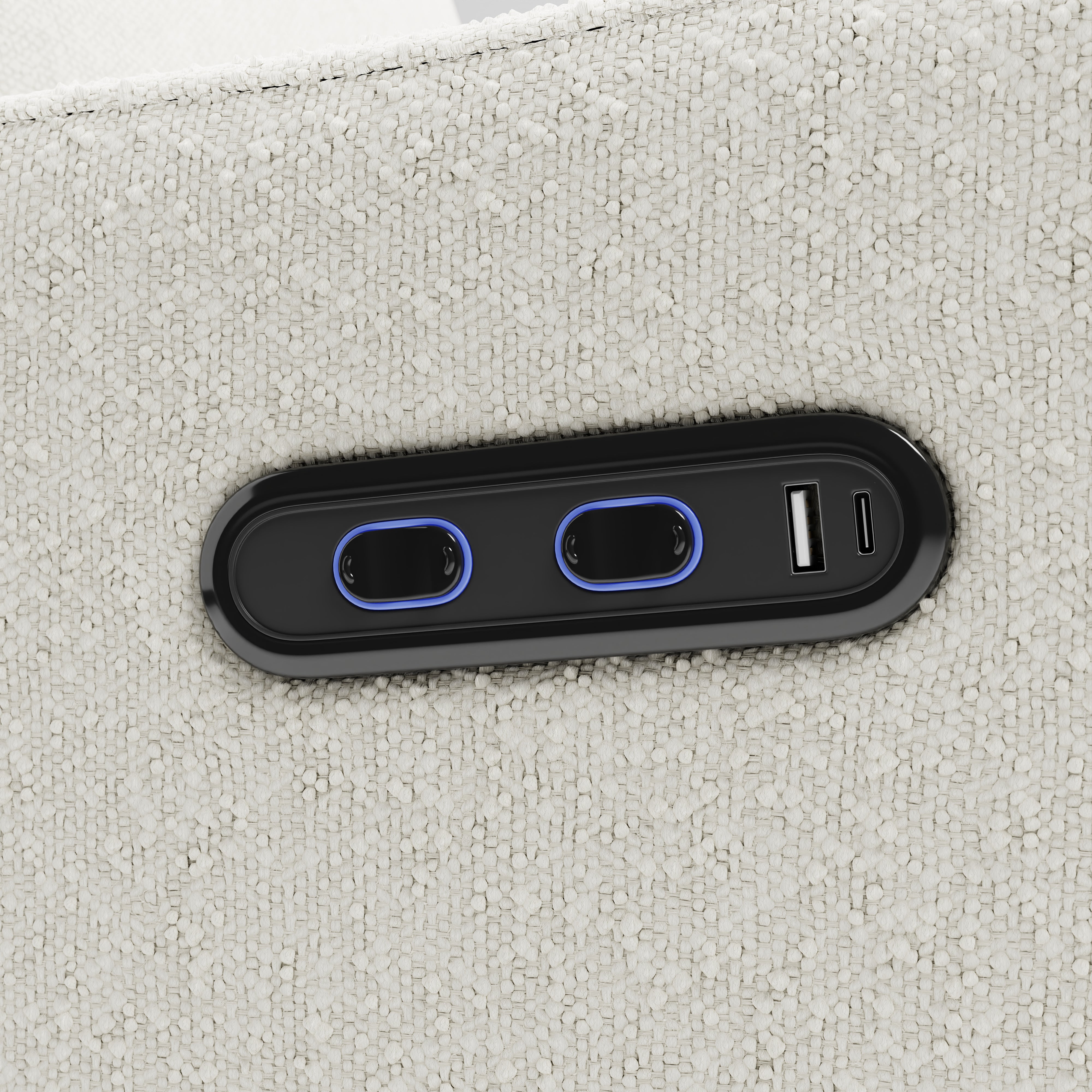Teddi ivory boucle recliner dual USB ports closeup