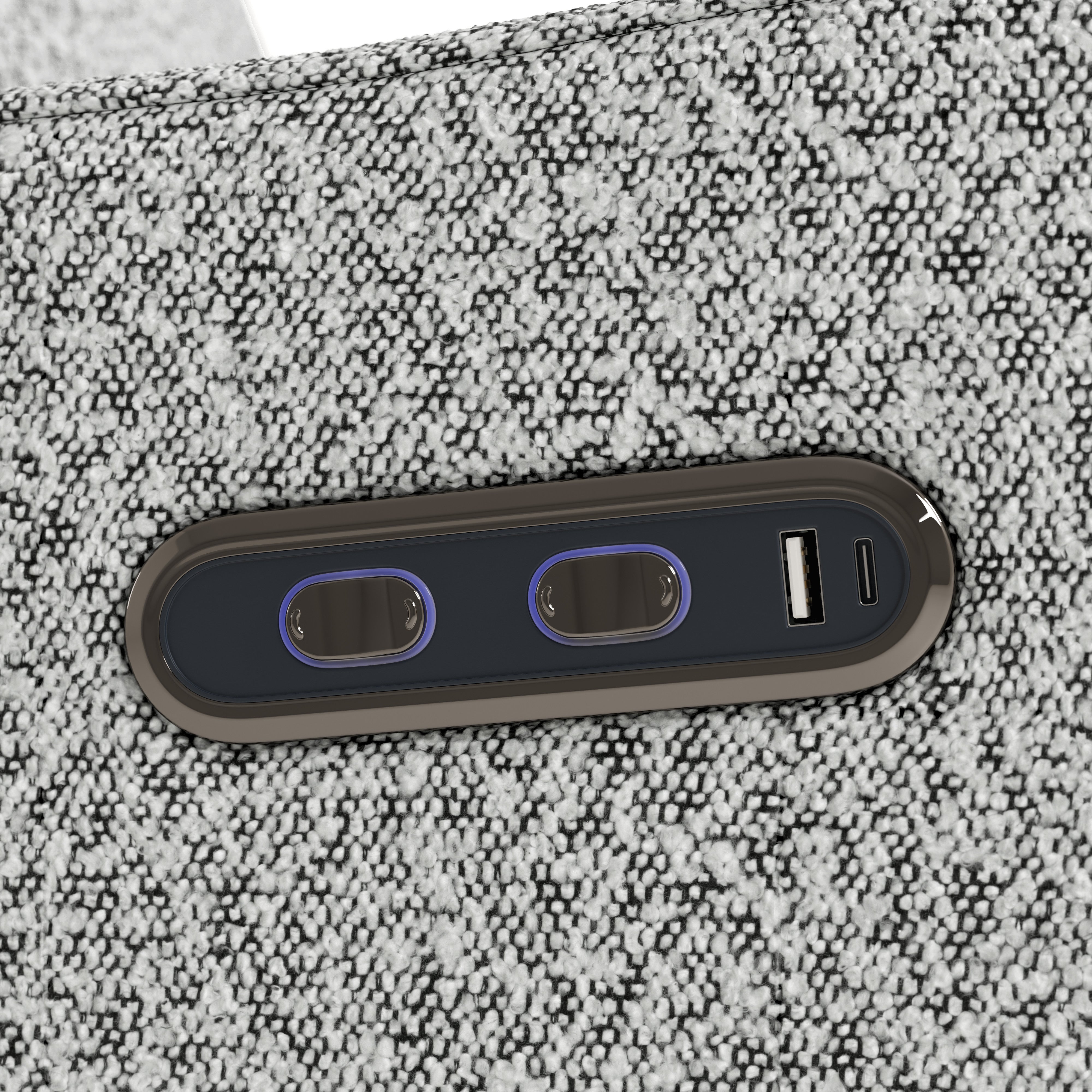 Teddi salt and pepper boucle recliner dual USB ports closeup