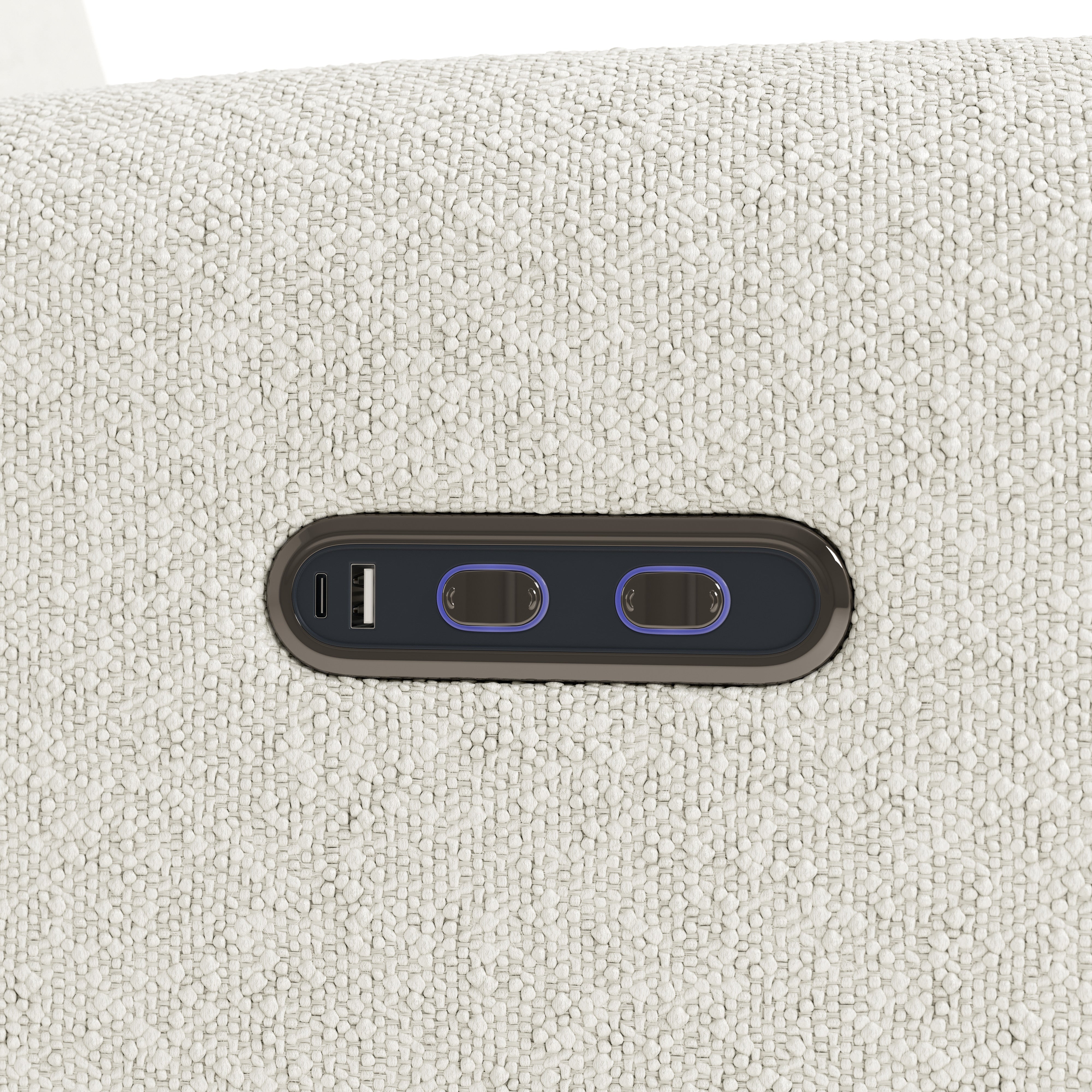 Bellwood ivory boucle power recliner close up of USB ports and power recline buttons