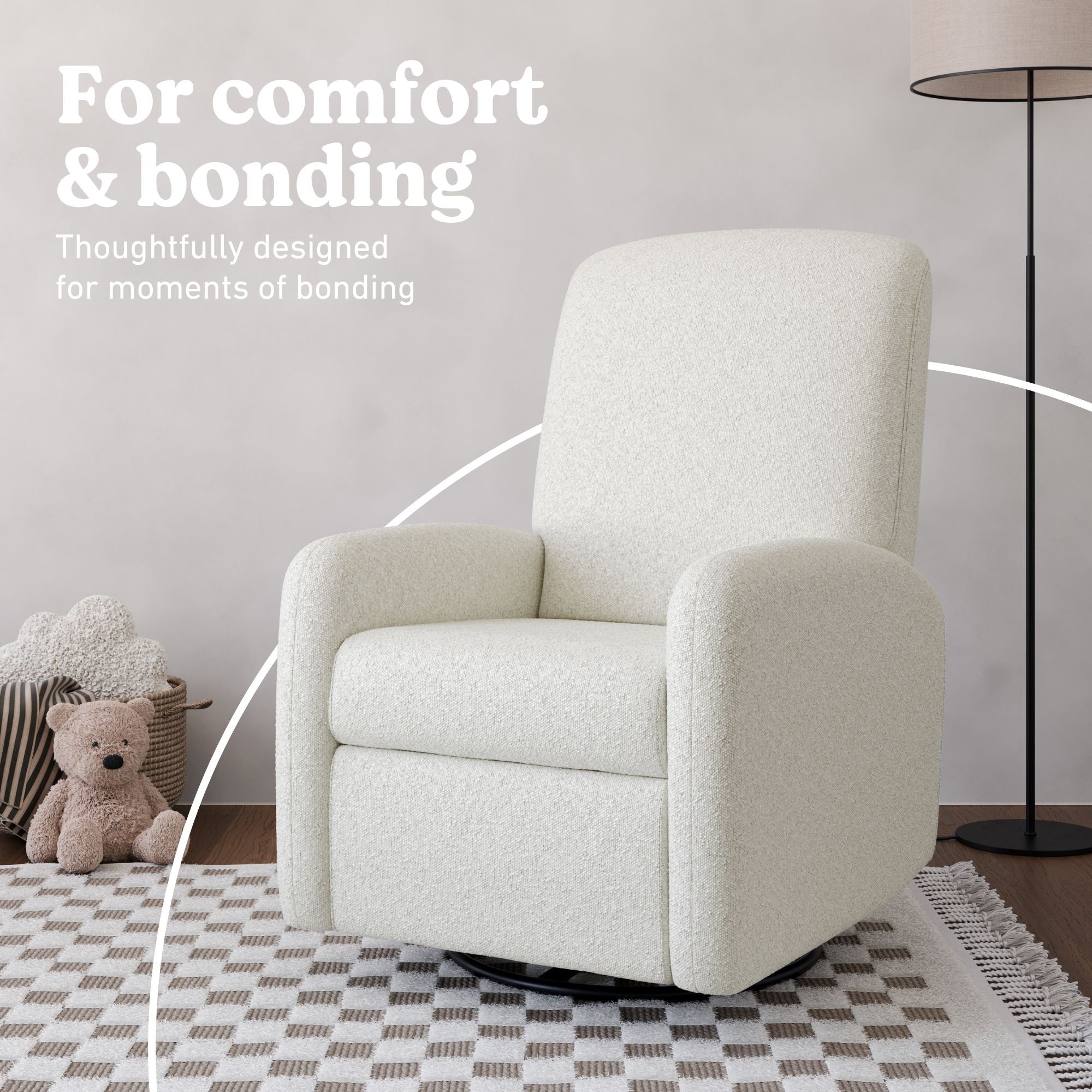Bellwood ivory boucle recliner in nursery lifestyle callout