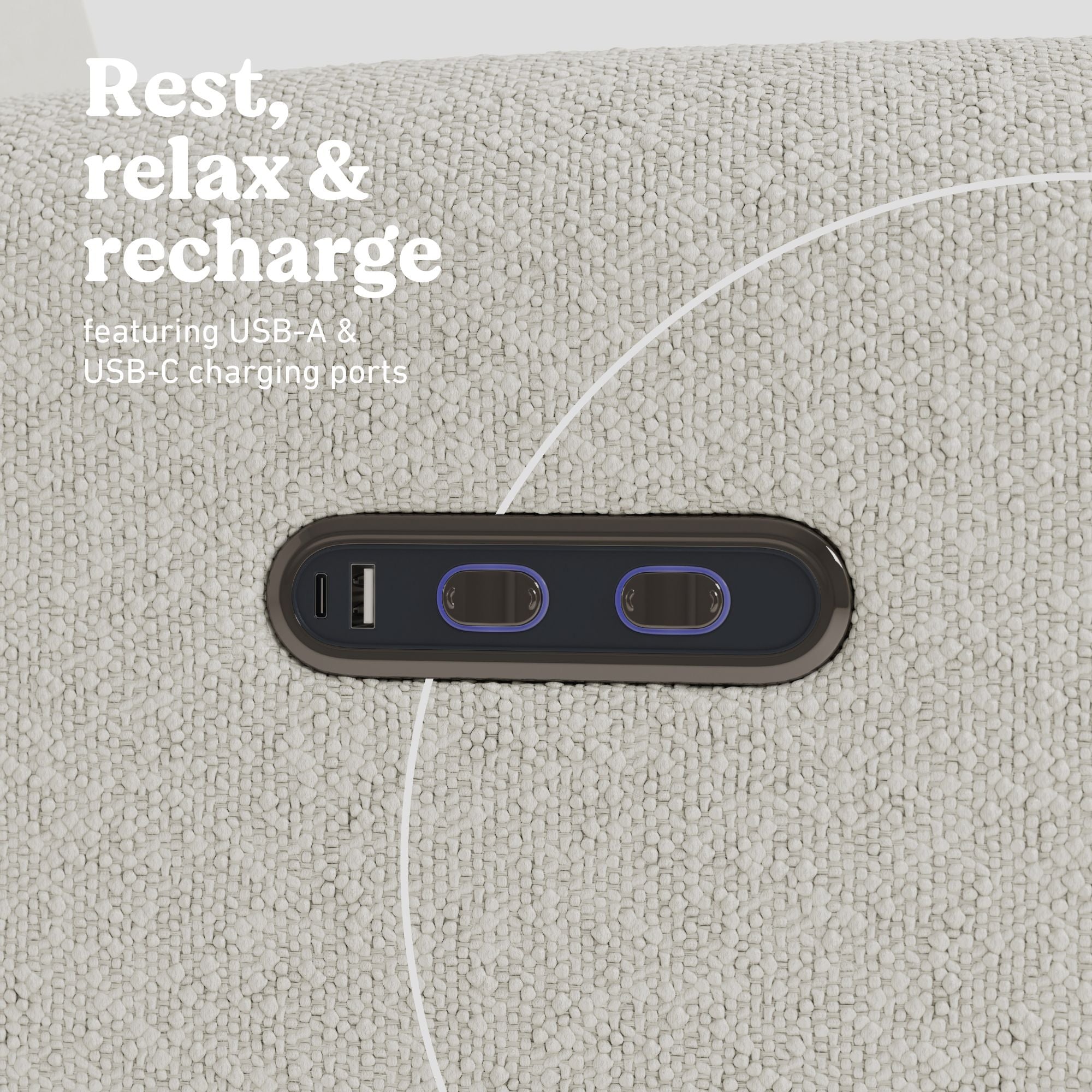 Bellwood ivory boucle recliner dual USB ports callout